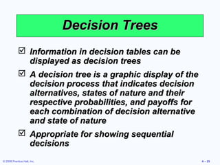 Decision Trees
             Information in decision tables can be
              displayed as decision trees
             A decision tree is a graphic display of the
              decision process that indicates decision
              alternatives, states of nature and their
              respective probabilities, and payoffs for
              each combination of decision alternative
              and state of nature
             Appropriate for showing sequential
              decisions
© 2008 Prentice Hall, Inc.                                  A – 25
 