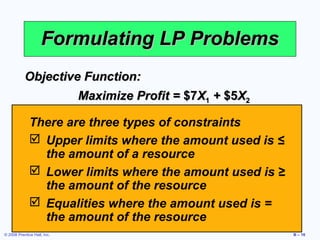 Formulating LP Problems
           Objective Function:
                    Maximize Profit = $7X1 + $5X2

              There are three types of constraints
               Upper limits where the amount used is ≤
                the amount of a resource
               Lower limits where the amount used is ≥
                the amount of the resource
               Equalities where the amount used is =
                the amount of the resource
© 2008 Prentice Hall, Inc.                                B – 16
 