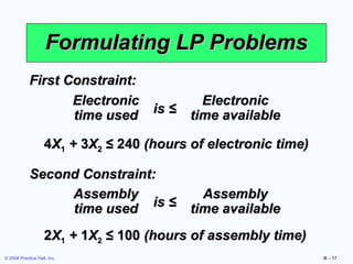 Formulating LP Problems
            First Constraint:
                   Electronic        Electronic
                   time used  is ≤ time available

                    4X1 + 3X2 ≤ 240 (hours of electronic time)

            Second Constraint:
                 Assembly         Assembly
                 time used is ≤ time available
                    2X1 + 1X2 ≤ 100 (hours of assembly time)
© 2008 Prentice Hall, Inc.                                       B – 17
 