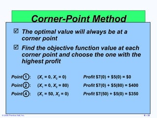 Corner-Point Method
              The optimal value will always be at a
               corner point
              Find the objective function value at each
               corner point and choose the one with the
               highest profit

          Point 1 :           (X1 = 0, X2 = 0)    Profit $7(0) + $5(0) = $0
          Point 2 :           (X1 = 0, X2 = 80)   Profit $7(0) + $5(80) = $400
          Point 4 :           (X1 = 50, X2 = 0)   Profit $7(50) + $5(0) = $350



© 2008 Prentice Hall, Inc.                                                       B – 25
 