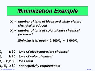Minimization Example
                  X1 = number of tons of black-and-white picture
                       chemical produced
                  X2 = number of tons of color picture chemical
                       produced
                              Minimize total cost = 2,500X1 + 3,000X2


X1      ≥ 30                  tons of black-and-white chemical
X2      ≥ 20                  tons of color chemical
X1 + X2 ≥ 60                  tons total
X1, X2 ≥ $0                   nonnegativity requirements
 © 2008 Prentice Hall, Inc.                                             B – 36
 