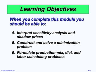 Learning Objectives
               When you complete this module you
               should be able to:

                   4. Interpret sensitivity analysis and
                      shadow prices
                   5. Construct and solve a minimization
                      problem
                   6. Formulate production-mix, diet, and
                      labor scheduling problems


© 2008 Prentice Hall, Inc.                                  B–7
 