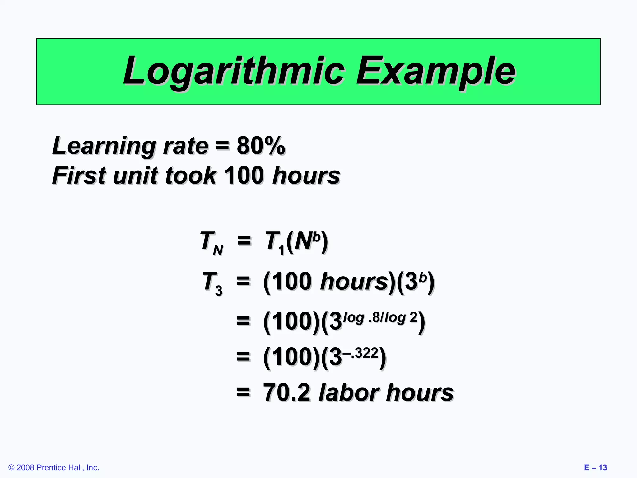 Logarithmic Example
            Learning rate = 80%
            First unit took 100 hours

                                TN = T1(Nb)
                                T3 = (100 hours)(3b)
                                   = (100)(3log .8/log 2)
                                   = (100)(3–.322)
                                   = 70.2 labor hours

© 2008 Prentice Hall, Inc.                                  E – 13
 
