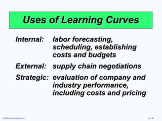 Uses of Learning Curves
              Internal:      labor forecasting,
                             scheduling, establishing
                             costs and budgets
              External: supply chain negotiations
              Strategic: evaluation of company and
                         industry performance,
                         including costs and pricing


© 2008 Prentice Hall, Inc.                              E–9
 
