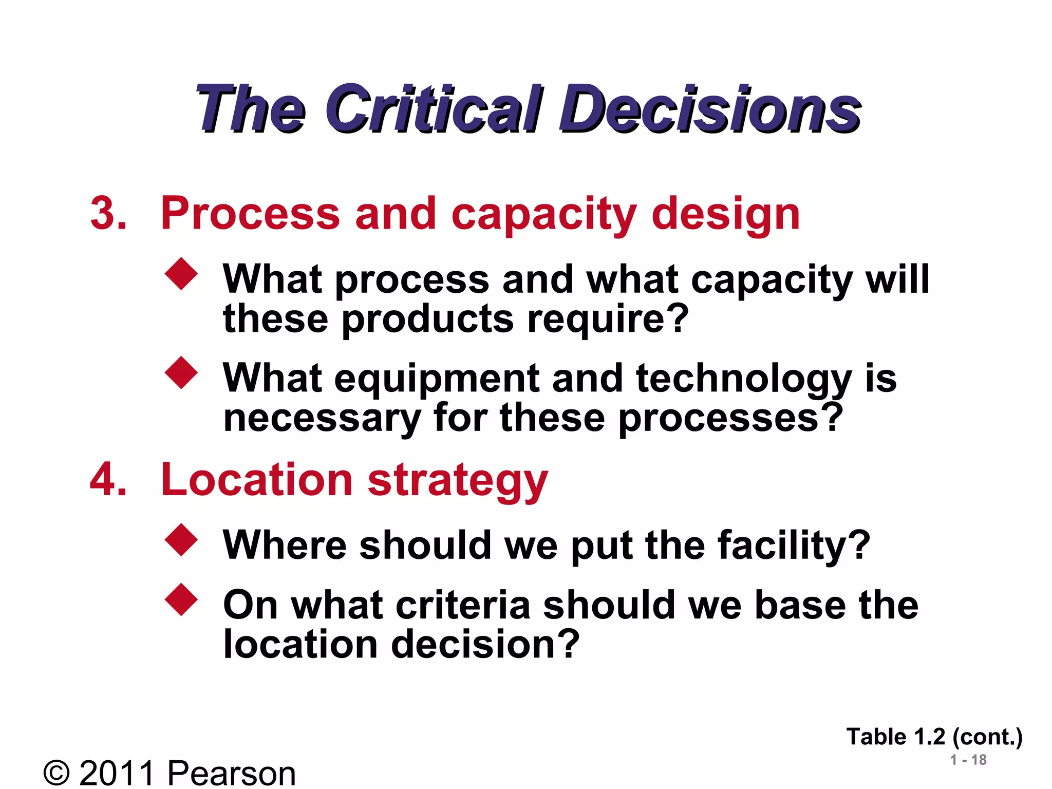 © 2011 Pearson
1 - 18
The Critical DecisionsThe Critical Decisions
3. Process and capacity design
 What process and what capacity will
these products require?
 What equipment and technology is
necessary for these processes?
4. Location strategy
 Where should we put the facility?
 On what criteria should we base the
location decision?
Table 1.2 (cont.)
 