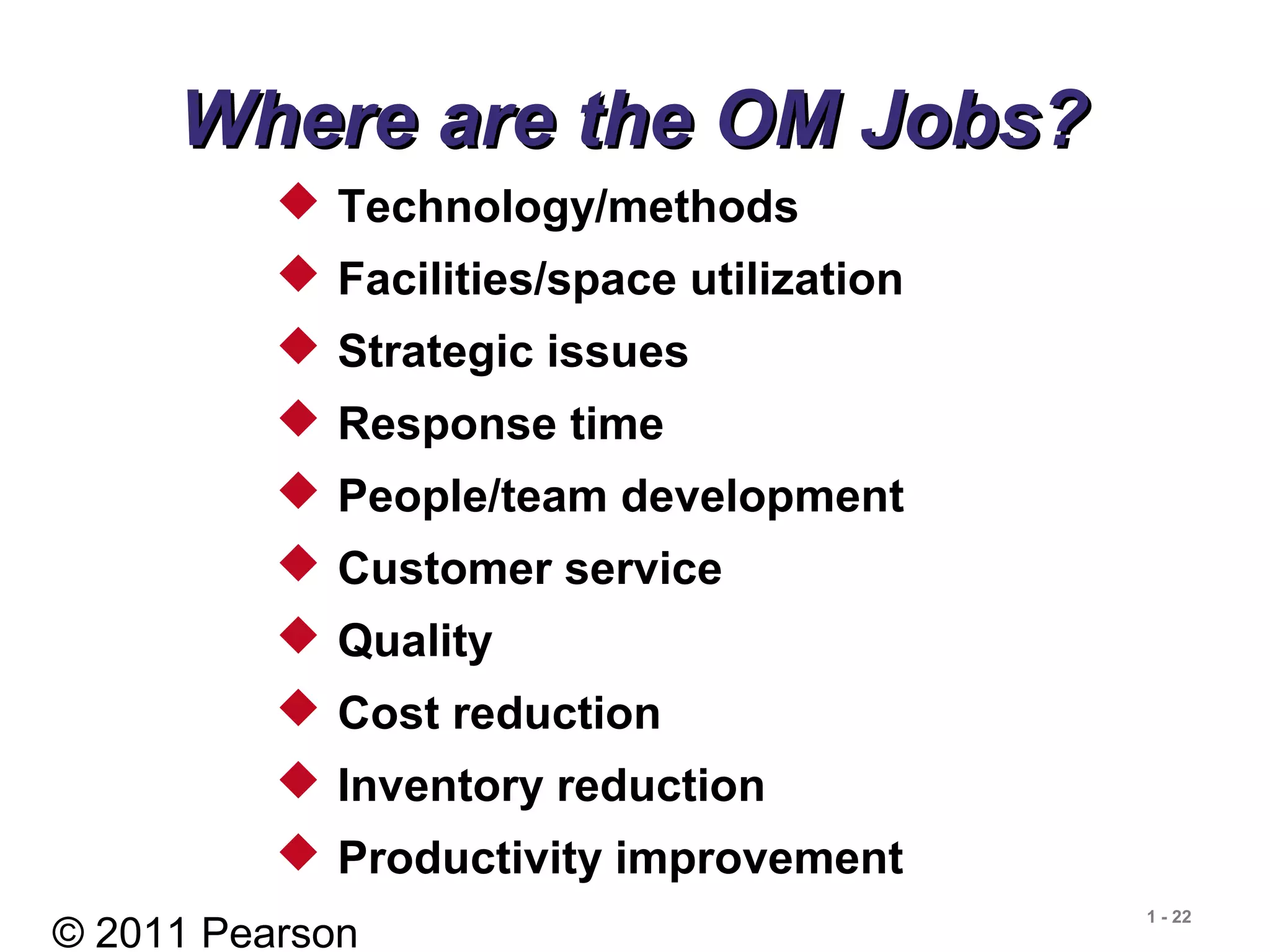 © 2011 Pearson
1 - 22
Where are the OM Jobs?Where are the OM Jobs?
 Technology/methods
 Facilities/space utilization
 Strategic issues
 Response time
 People/team development
 Customer service
 Quality
 Cost reduction
 Inventory reduction
 Productivity improvement
 
