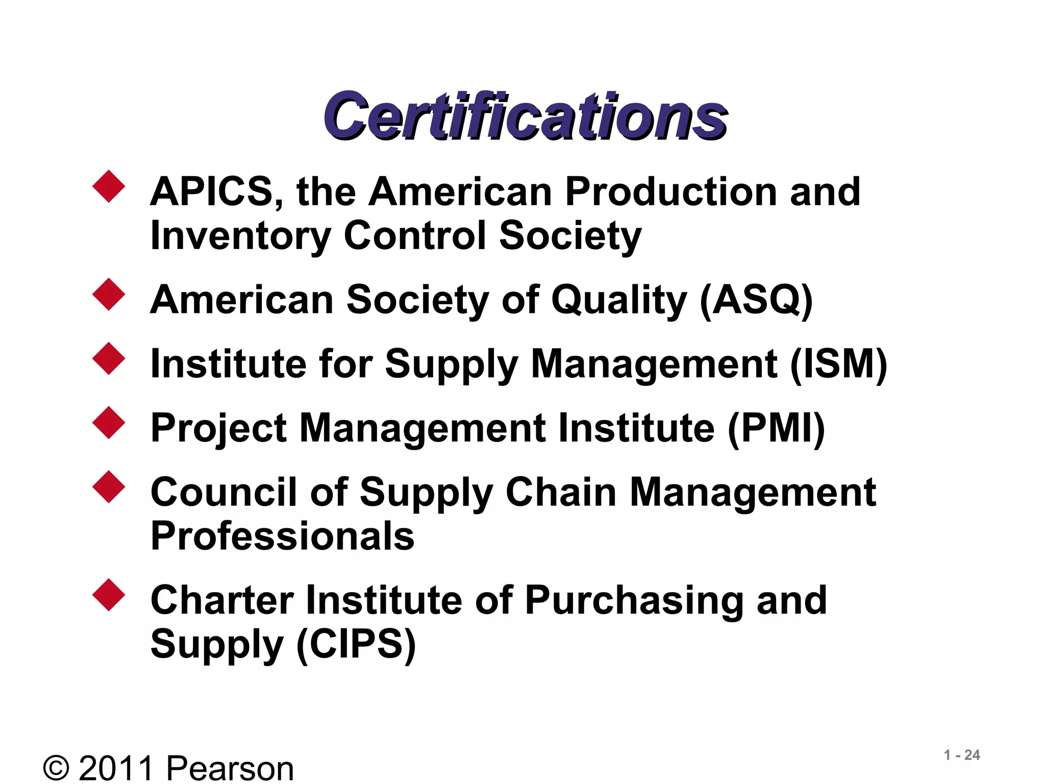 © 2011 Pearson
1 - 24
CertificationsCertifications
 APICS, the American Production and
Inventory Control Society
 American Society of Quality (ASQ)
 Institute for Supply Management (ISM)
 Project Management Institute (PMI)
 Council of Supply Chain Management
Professionals
 Charter Institute of Purchasing and
Supply (CIPS)
 