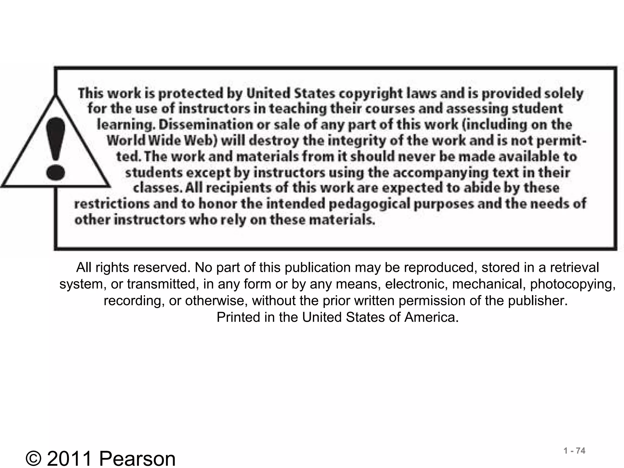 © 2011 Pearson
1 - 74
All rights reserved. No part of this publication may be reproduced, stored in a retrieval
system, or transmitted, in any form or by any means, electronic, mechanical, photocopying,
recording, or otherwise, without the prior written permission of the publisher.
Printed in the United States of America.
 