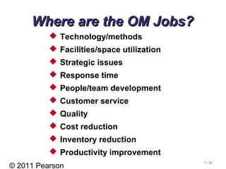 © 2011 Pearson
1 - 22
Where are the OM Jobs?Where are the OM Jobs?
 Technology/methods
 Facilities/space utilization
 Strategic issues
 Response time
 People/team development
 Customer service
 Quality
 Cost reduction
 Inventory reduction
 Productivity improvement
 