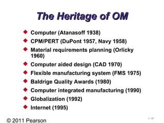 © 2011 Pearson
1 - 27
The Heritage of OMThe Heritage of OM
 Computer (Atanasoff 1938)
 CPM/PERT (DuPont 1957, Navy 1958)
 Material requirements planning (Orlicky
1960)
 Computer aided design (CAD 1970)
 Flexible manufacturing system (FMS 1975)
 Baldrige Quality Awards (1980)
 Computer integrated manufacturing (1990)
 Globalization (1992)
 Internet (1995)
 