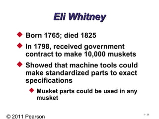 © 2011 Pearson
1 - 28
Eli WhitneyEli Whitney
 Born 1765; died 1825
 In 1798, received government
contract to make 10,000 muskets
 Showed that machine tools could
make standardized parts to exact
specifications
 Musket parts could be used in any
musket
 