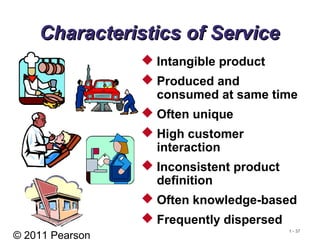 © 2011 Pearson
1 - 37
Characteristics of ServiceCharacteristics of Service
 Intangible product
 Produced and
consumed at same time
 Often unique
 High customer
interaction
 Inconsistent product
definition
 Often knowledge-based
 Frequently dispersed
 