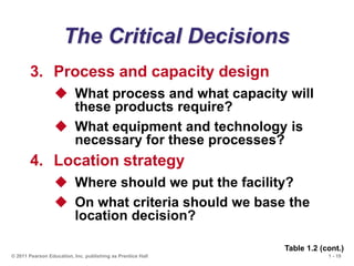 1 - 19
© 2011 Pearson Education, Inc. publishing as Prentice Hall
The Critical Decisions
3. Process and capacity design
 What process and what capacity will
these products require?
 What equipment and technology is
necessary for these processes?
4. Location strategy
 Where should we put the facility?
 On what criteria should we base the
location decision?
Table 1.2 (cont.)
 