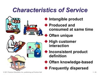 1 - 38
© 2011 Pearson Education, Inc. publishing as Prentice Hall
Characteristics of Service
 Intangible product
 Produced and
consumed at same time
 Often unique
 High customer
interaction
 Inconsistent product
definition
 Often knowledge-based
 Frequently dispersed
 