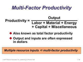 1 - 58
© 2011 Pearson Education, Inc. publishing as Prentice Hall
Multi-Factor Productivity
Output
Labor + Material + Energy
+ Capital + Miscellaneous
Productivity =
 Also known as total factor productivity
 Output and inputs are often expressed
in dollars
Multiple resource inputs  multi-factor productivity
 
