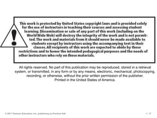 1 - 77
© 2011 Pearson Education, Inc. publishing as Prentice Hall
All rights reserved. No part of this publication may be reproduced, stored in a retrieval
system, or transmitted, in any form or by any means, electronic, mechanical, photocopying,
recording, or otherwise, without the prior written permission of the publisher.
Printed in the United States of America.
 