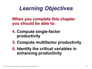 1 - 6
© 2011 Pearson Education, Inc. publishing as Prentice Hall
Learning Objectives
When you complete this chapter
you should be able to:
4. Compute single-factor
productivity
5. Compute multifactor productivity
6. Identify the critical variables in
enhancing productivity
 