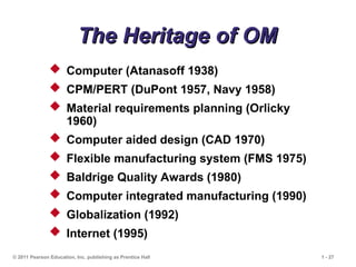 © 2011 Pearson Education, Inc. publishing as Prentice Hall 1 - 27
The Heritage of OM
The Heritage of OM
 Computer (Atanasoff 1938)
 CPM/PERT (DuPont 1957, Navy 1958)
 Material requirements planning (Orlicky
1960)
 Computer aided design (CAD 1970)
 Flexible manufacturing system (FMS 1975)
 Baldrige Quality Awards (1980)
 Computer integrated manufacturing (1990)
 Globalization (1992)
 Internet (1995)
 