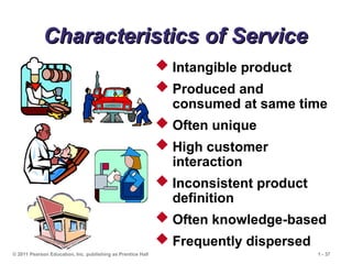© 2011 Pearson Education, Inc. publishing as Prentice Hall 1 - 37
Characteristics of Service
Characteristics of Service
 Intangible product
 Produced and
consumed at same time
 Often unique
 High customer
interaction
 Inconsistent product
definition
 Often knowledge-based
 Frequently dispersed
 