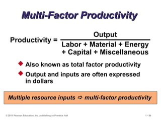 © 2011 Pearson Education, Inc. publishing as Prentice Hall 1 - 56
Multi-Factor Productivity
Multi-Factor Productivity
Output
Labor + Material + Energy
+ Capital + Miscellaneous
Productivity =
 Also known as total factor productivity
 Output and inputs are often expressed
in dollars
Multiple resource inputs  multi-factor productivity
 