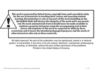 © 2011 Pearson Education, Inc. publishing as Prentice Hall 1 - 74
All rights reserved. No part of this publication may be reproduced, stored in a retrieval
system, or transmitted, in any form or by any means, electronic, mechanical, photocopying,
recording, or otherwise, without the prior written permission of the publisher.
Printed in the United States of America.
 