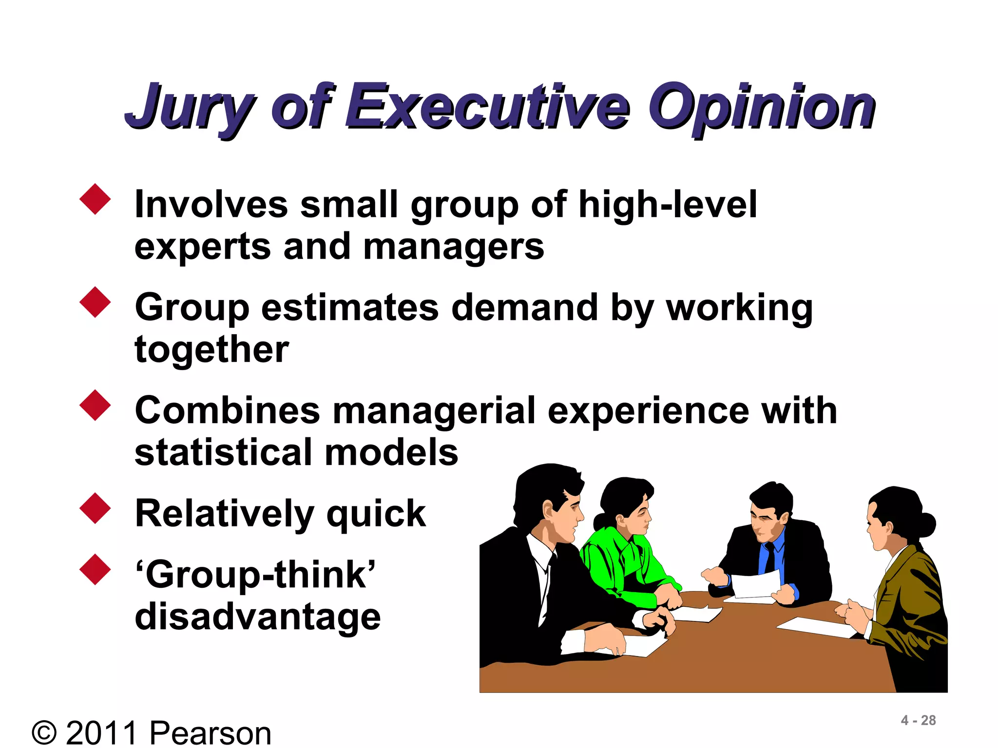 © 2011 Pearson
4 - 28
 Involves small group of high-level
experts and managers
 Group estimates demand by working
together
 Combines managerial experience with
statistical models
 Relatively quick
 ‘Group-think’
disadvantage
Jury of Executive OpinionJury of Executive Opinion
 