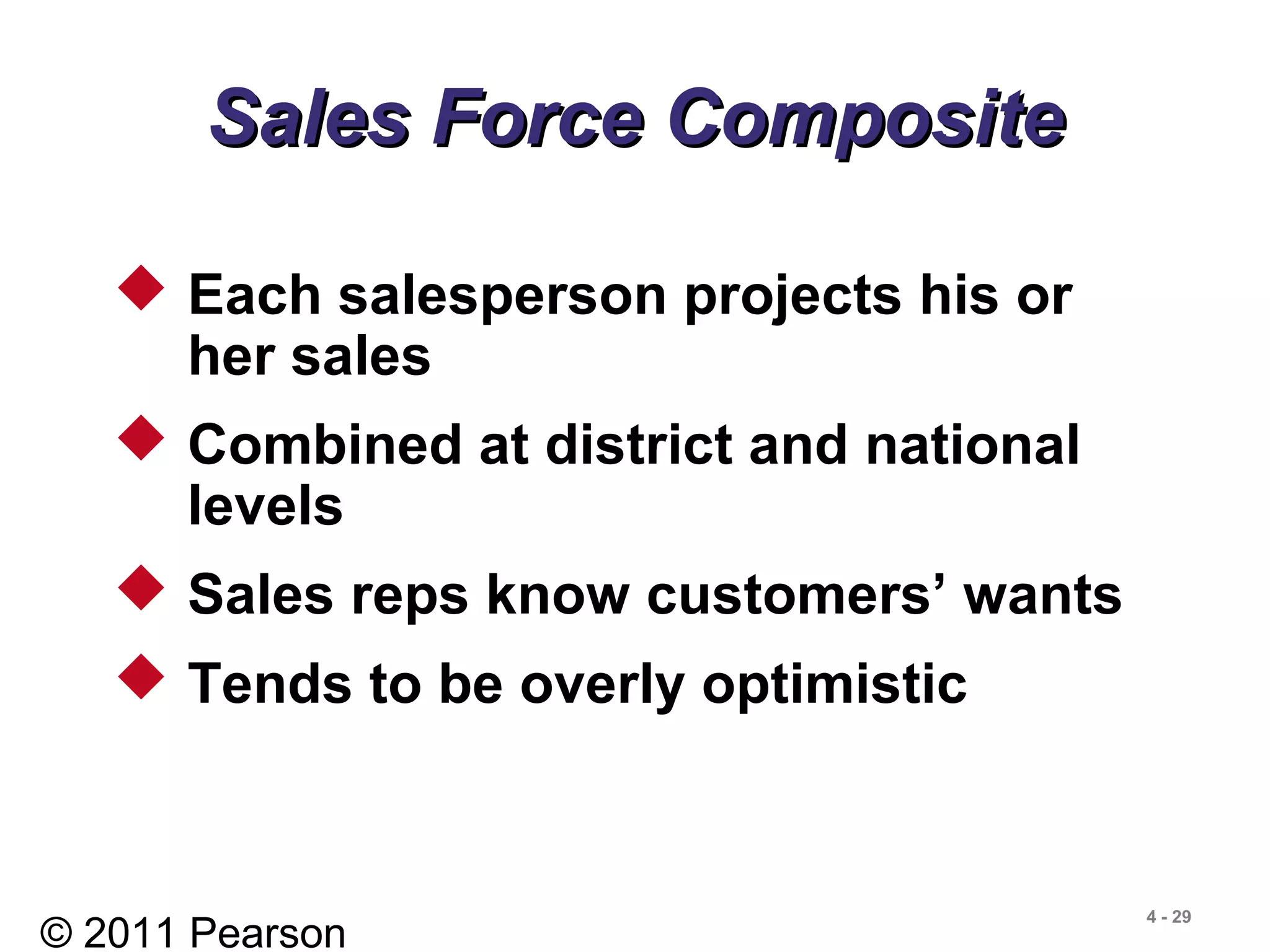 © 2011 Pearson
4 - 29
Sales Force CompositeSales Force Composite
 Each salesperson projects his or
her sales
 Combined at district and national
levels
 Sales reps know customers’ wants
 Tends to be overly optimistic
 