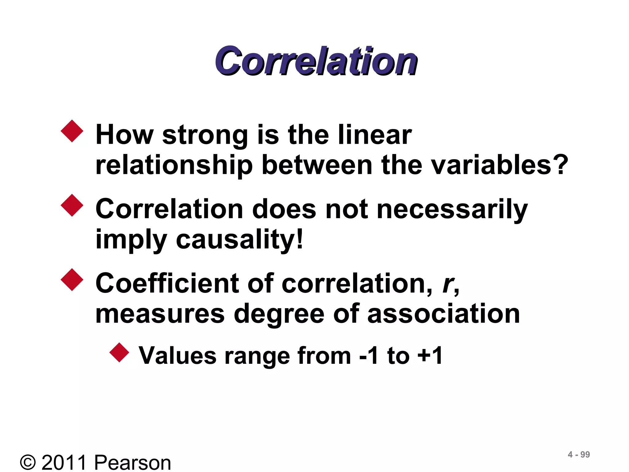 © 2011 Pearson
4 - 99
 How strong is the linear
relationship between the variables?
 Correlation does not necessarily
imply causality!
 Coefficient of correlation, r,
measures degree of association
 Values range from -1 to +1
CorrelationCorrelation
 