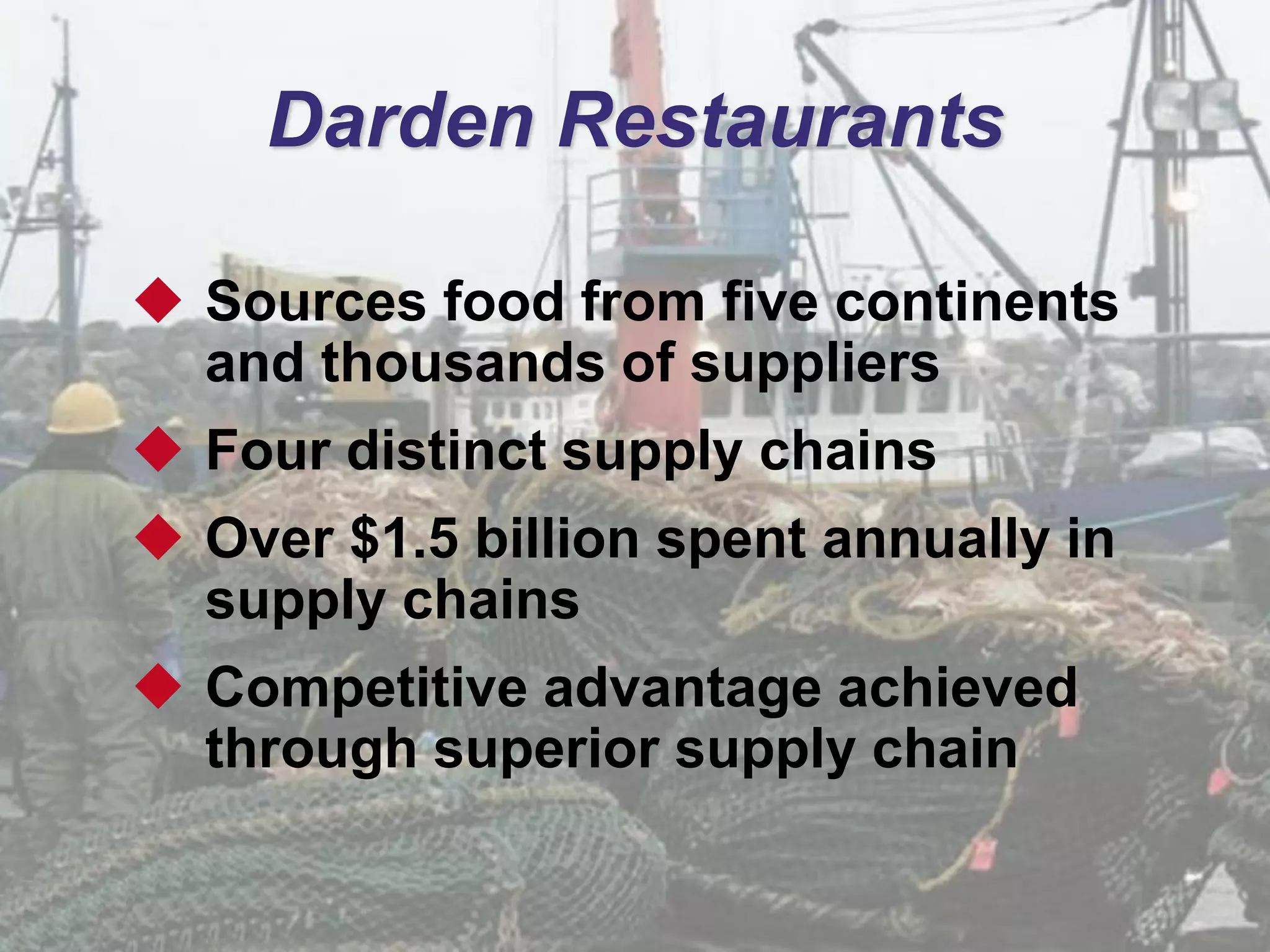 11 - 10© 2011 Pearson Education, Inc. publishing as Prentice Hall
Darden Restaurants
 Sources food from five continents
and thousands of suppliers
 Four distinct supply chains
 Over $1.5 billion spent annually in
supply chains
 Competitive advantage achieved
through superior supply chain
 