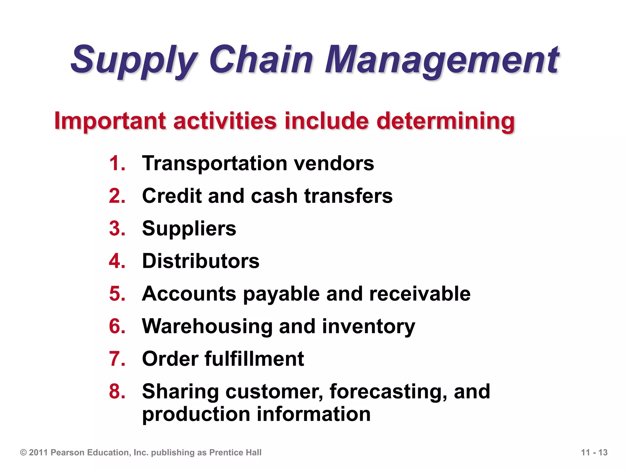 11 - 13© 2011 Pearson Education, Inc. publishing as Prentice Hall
Supply Chain Management
1. Transportation vendors
2. Credit and cash transfers
3. Suppliers
4. Distributors
5. Accounts payable and receivable
6. Warehousing and inventory
7. Order fulfillment
8. Sharing customer, forecasting, and
production information
Important activities include determining
 