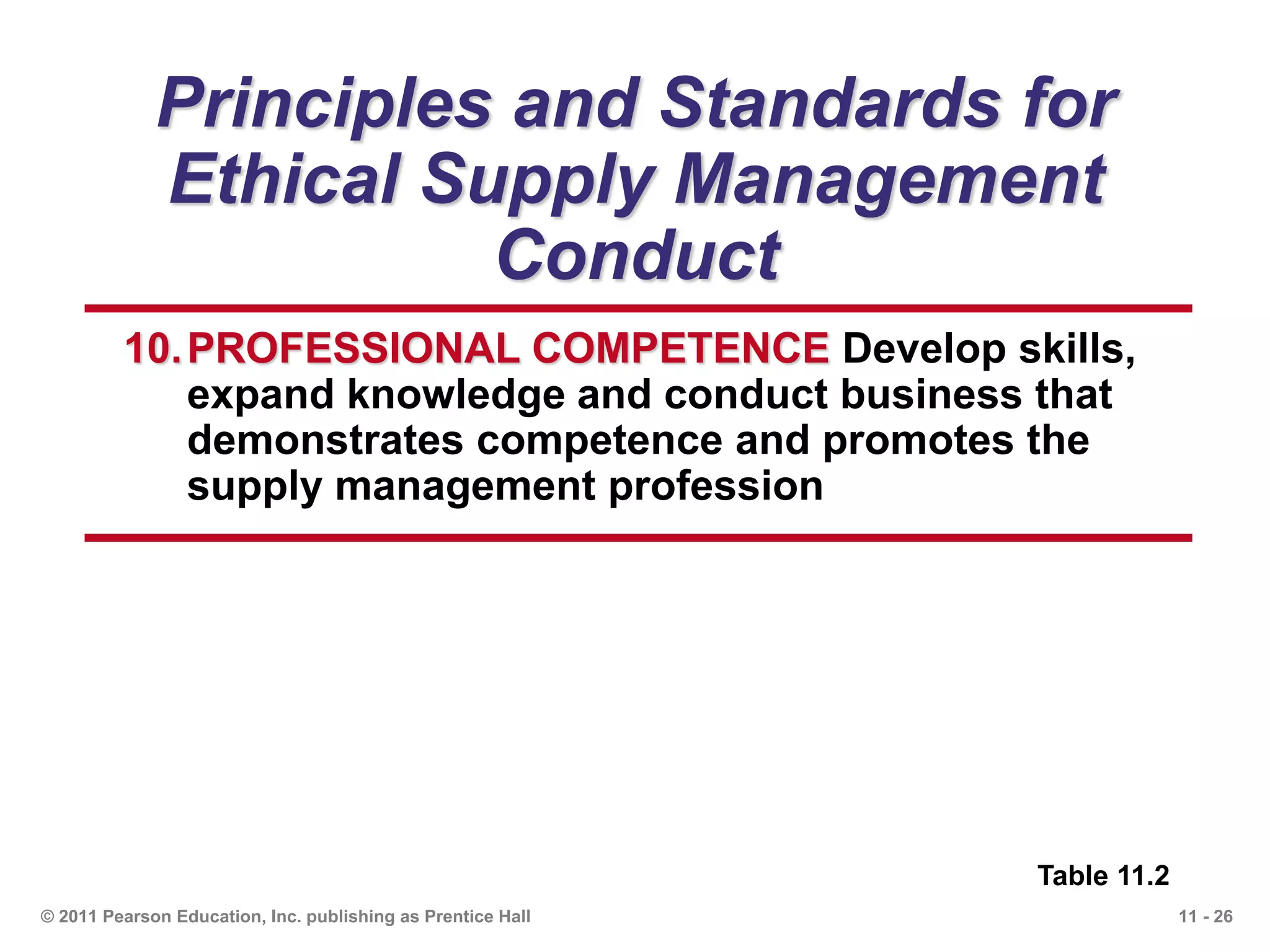 11 - 26© 2011 Pearson Education, Inc. publishing as Prentice Hall
Principles and Standards for
Ethical Supply Management
Conduct
Table 11.2
10.PROFESSIONAL COMPETENCE Develop skills,
expand knowledge and conduct business that
demonstrates competence and promotes the
supply management profession
 
