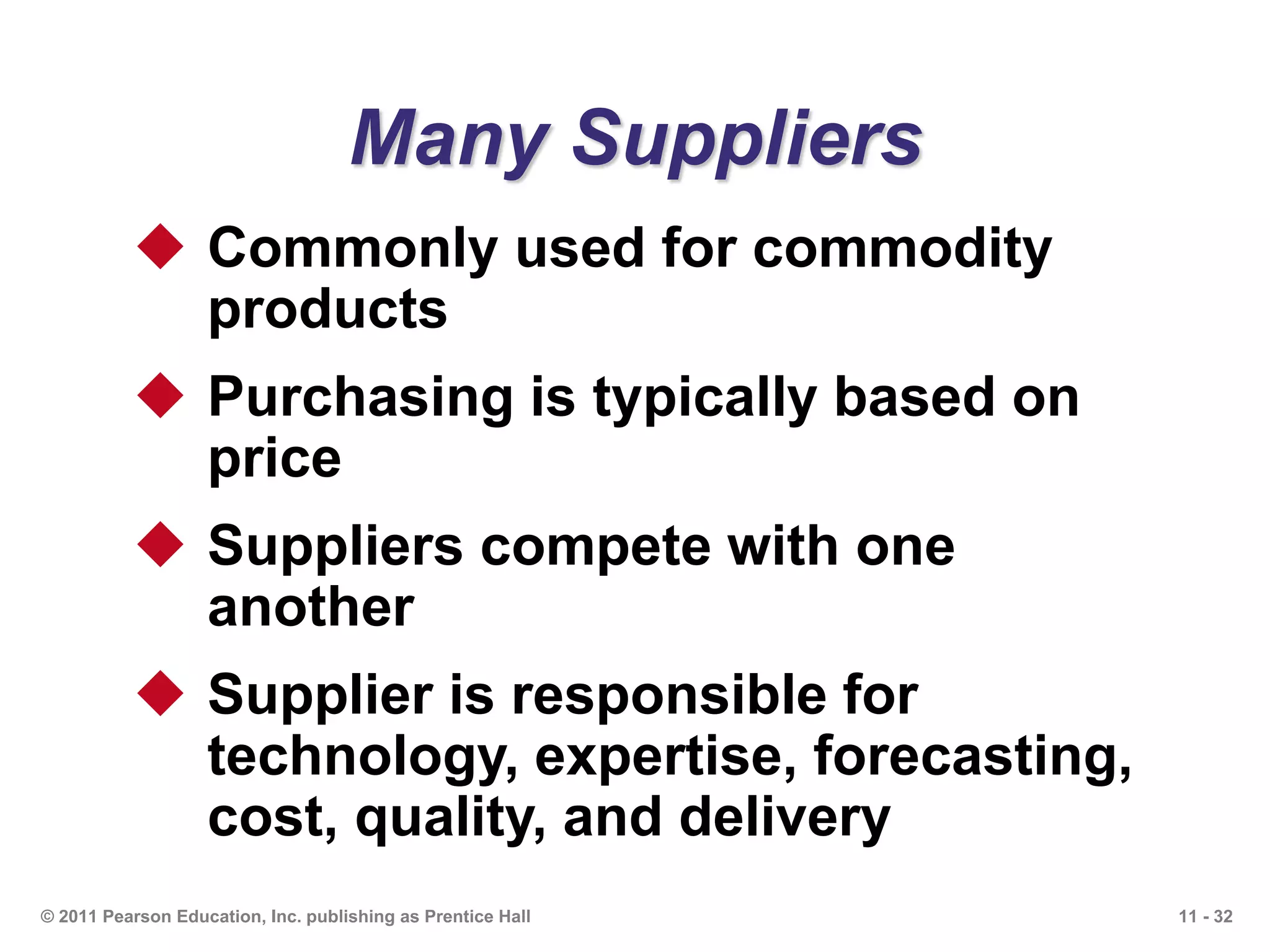 11 - 32© 2011 Pearson Education, Inc. publishing as Prentice Hall
Many Suppliers
 Commonly used for commodity
products
 Purchasing is typically based on
price
 Suppliers compete with one
another
 Supplier is responsible for
technology, expertise, forecasting,
cost, quality, and delivery
 