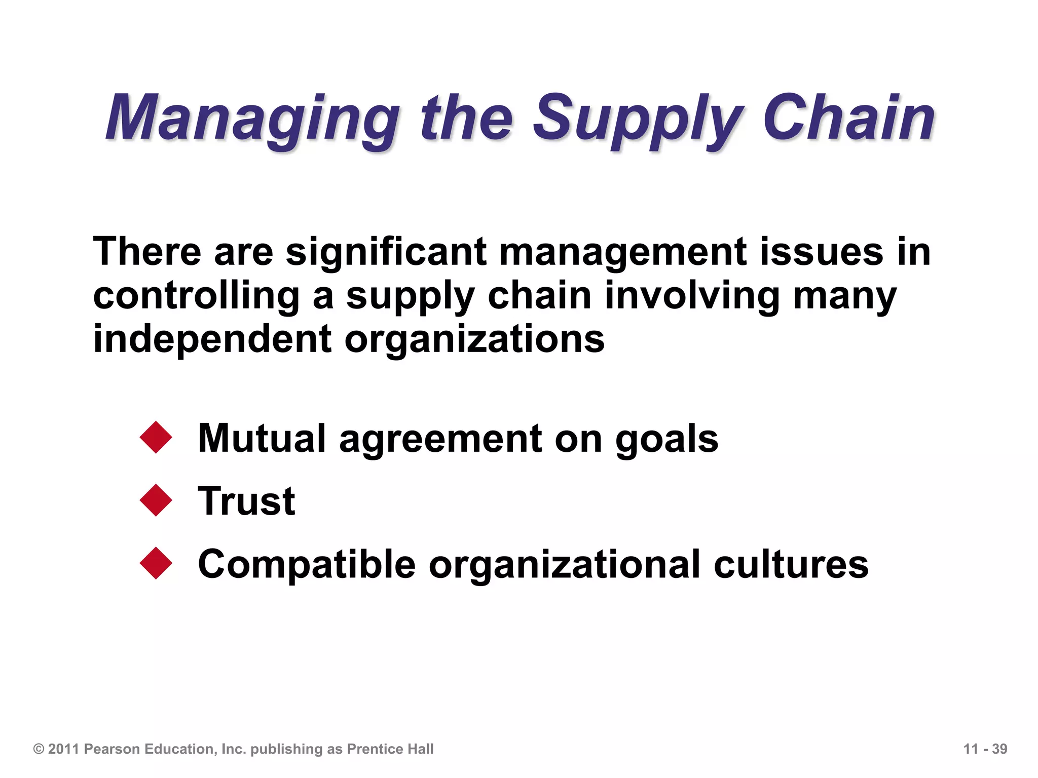 11 - 39© 2011 Pearson Education, Inc. publishing as Prentice Hall
Managing the Supply Chain
 Mutual agreement on goals
 Trust
 Compatible organizational cultures
There are significant management issues in
controlling a supply chain involving many
independent organizations
 