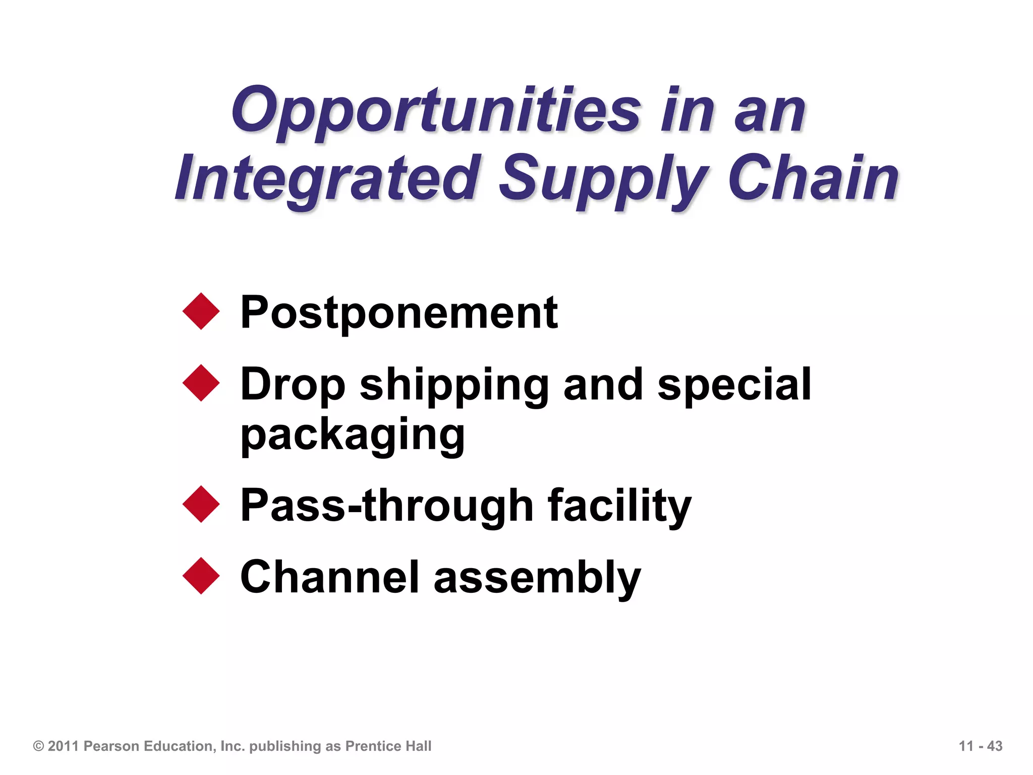 11 - 43© 2011 Pearson Education, Inc. publishing as Prentice Hall
Opportunities in an
Integrated Supply Chain
 Postponement
 Drop shipping and special
packaging
 Pass-through facility
 Channel assembly
 