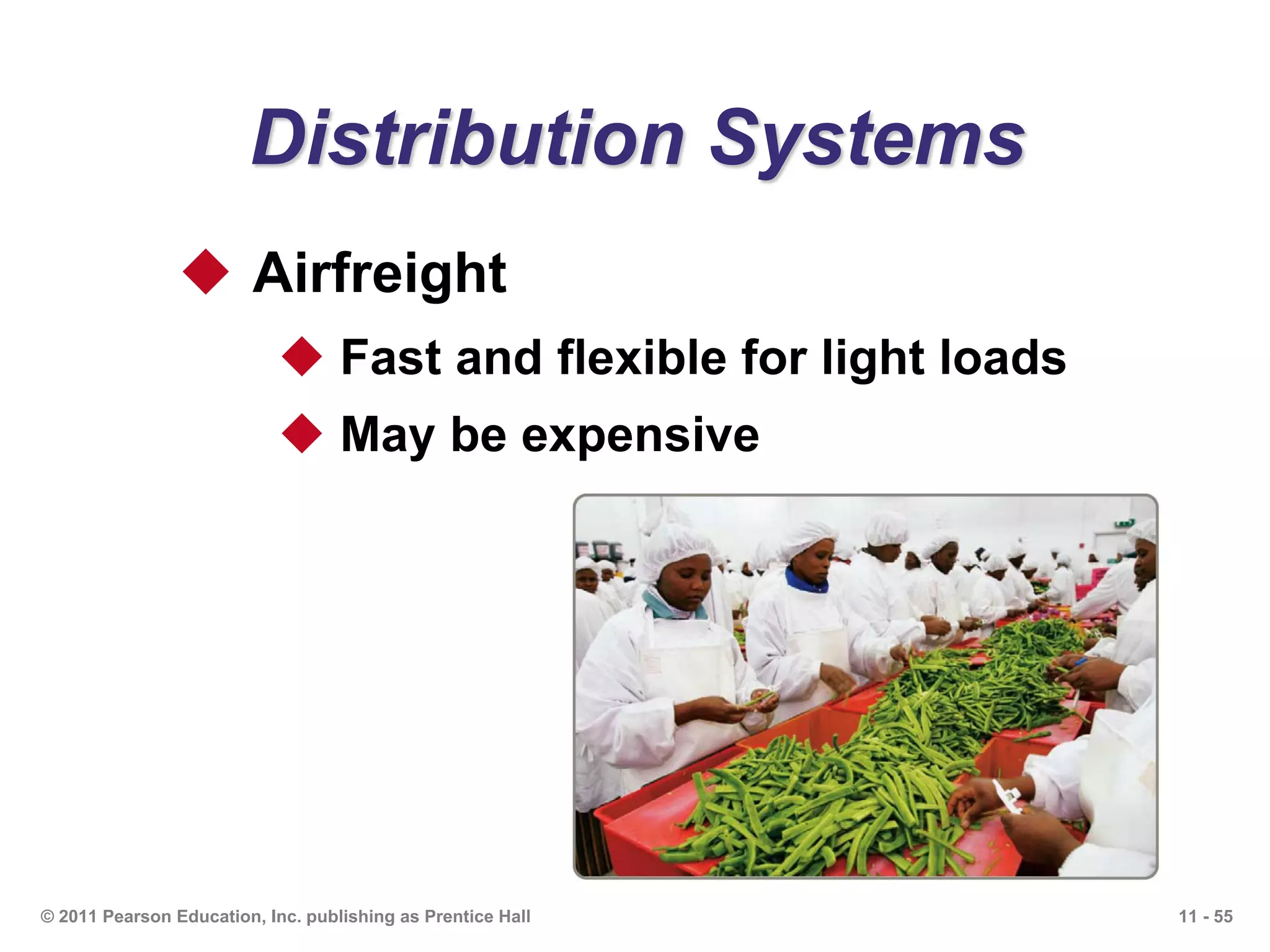 11 - 55© 2011 Pearson Education, Inc. publishing as Prentice Hall
Distribution Systems
 Airfreight
 Fast and flexible for light loads
 May be expensive
 