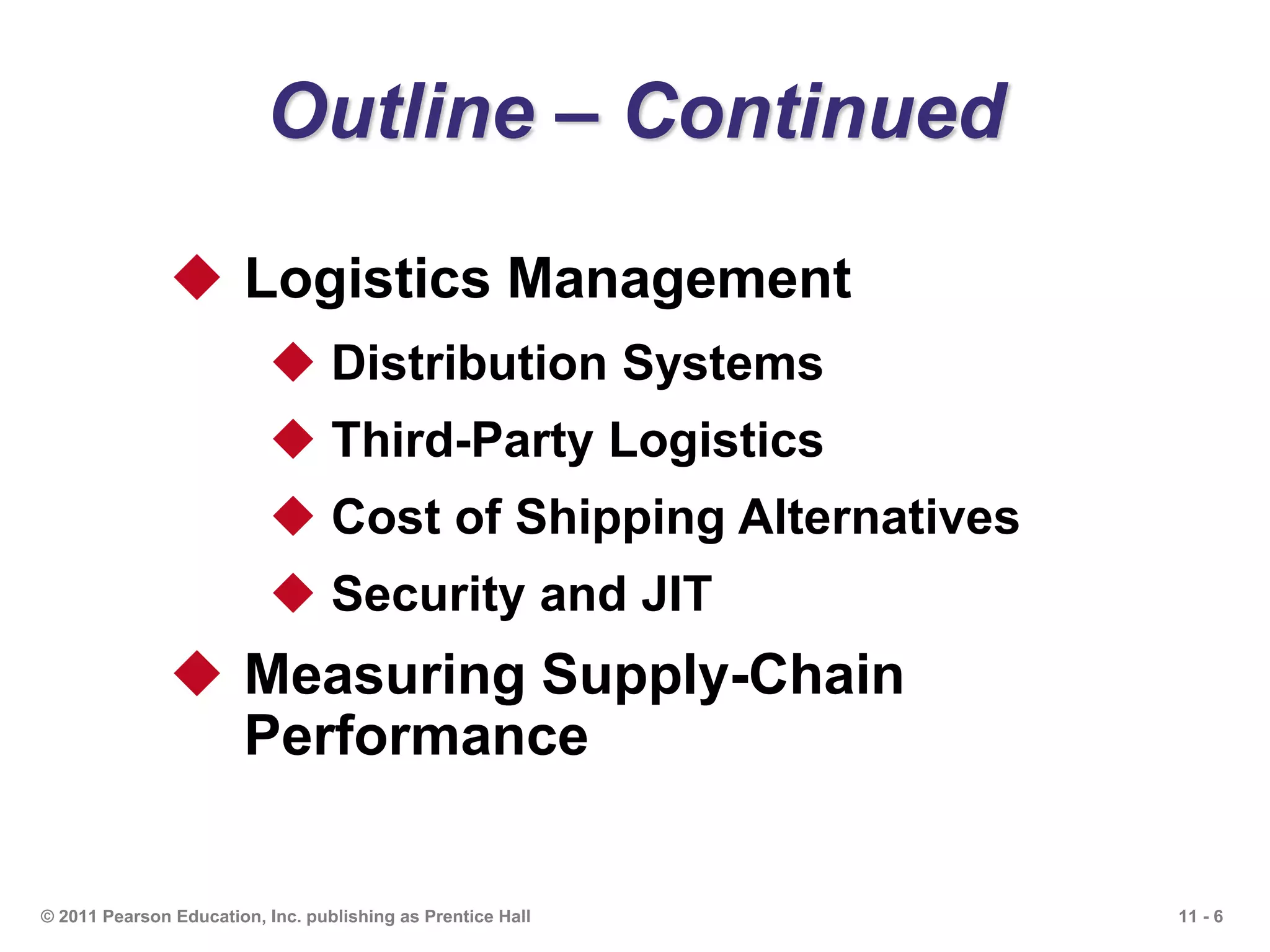 11 - 6© 2011 Pearson Education, Inc. publishing as Prentice Hall
Outline – Continued
 Logistics Management
 Distribution Systems
 Third-Party Logistics
 Cost of Shipping Alternatives
 Security and JIT
 Measuring Supply-Chain
Performance
 