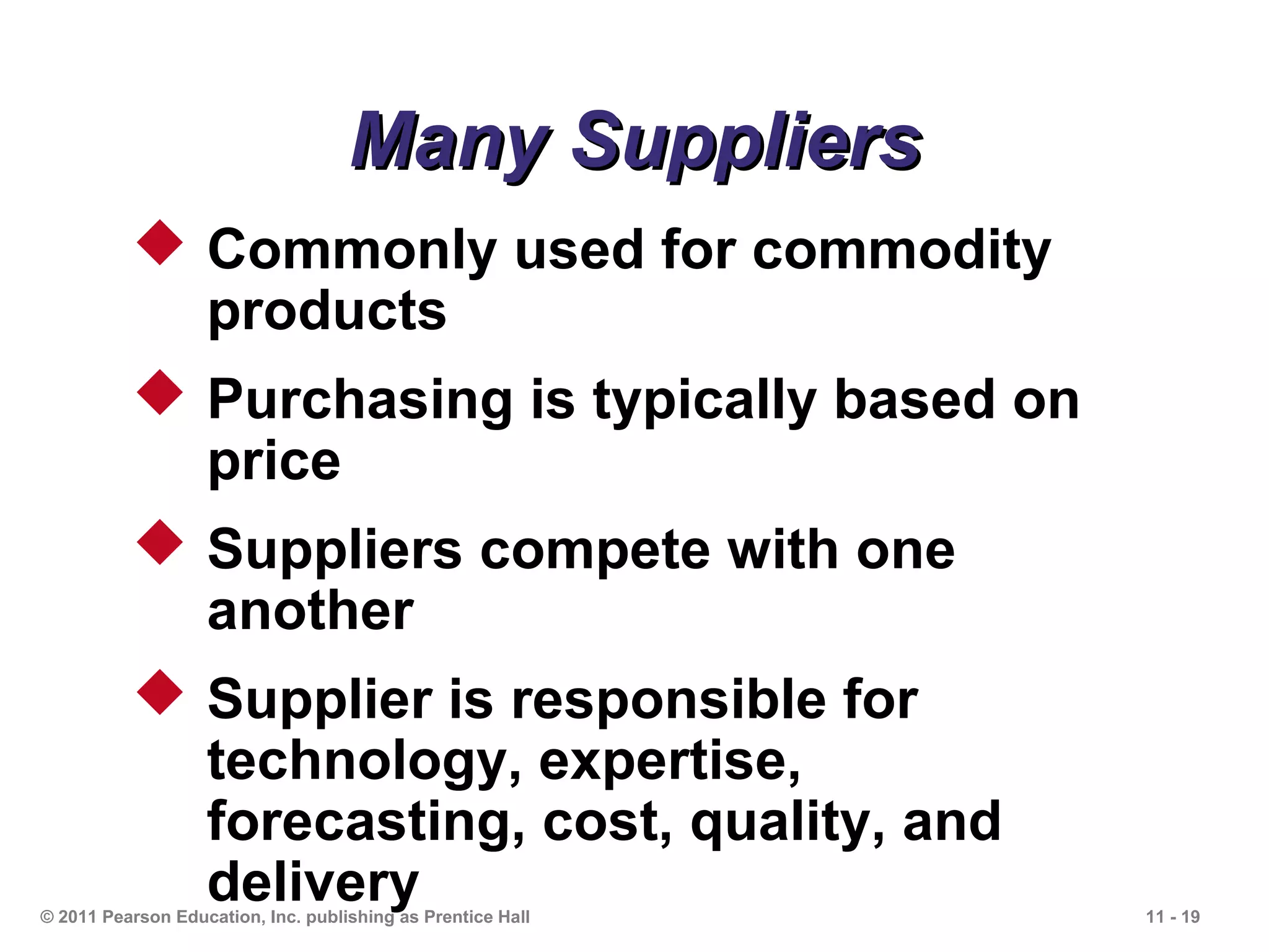 Many Suppliers
           Commonly used for commodity
            products
           Purchasing is typically based on
            price
           Suppliers compete with one
            another
           Supplier is responsible for
            technology, expertise,
            forecasting, cost, quality, and
            delivery
© 2011 Pearson Education, Inc. publishing as Prentice Hall   11 - 19
 