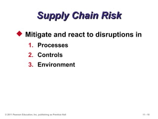 11 - 10© 2011 Pearson Education, Inc. publishing as Prentice Hall
Supply Chain RiskSupply Chain Risk
 Mitigate and react to disruptions in
1. Processes
2. Controls
3. Environment
 