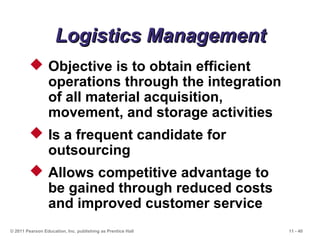 11 - 40© 2011 Pearson Education, Inc. publishing as Prentice Hall
Logistics ManagementLogistics Management
 Objective is to obtain efficient
operations through the integration
of all material acquisition,
movement, and storage activities
 Is a frequent candidate for
outsourcing
 Allows competitive advantage to
be gained through reduced costs
and improved customer service
 