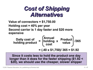 11 - 47© 2011 Pearson Education, Inc. publishing as Prentice Hall
Cost of ShippingCost of Shipping
AlternativesAlternatives
Value of connectors = $1,750.00
Holding cost = 40% per year
Second carrier is 1 day faster and $20 more
expensive
Daily cost of
holding product
= x /365
Annual
holding
cost
Product
value
= (.40 x $1,750)/ 365 = $1.92
Since it costs less to hold the product one day
longer than it does for the faster shipping ($1.92 <
$20), we should use the cheaper, slower shipper
 