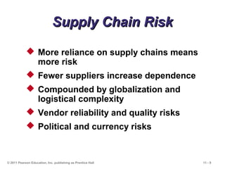 11 - 9© 2011 Pearson Education, Inc. publishing as Prentice Hall
Supply Chain RiskSupply Chain Risk
 More reliance on supply chains means
more risk
 Fewer suppliers increase dependence
 Compounded by globalization and
logistical complexity
 Vendor reliability and quality risks
 Political and currency risks
 