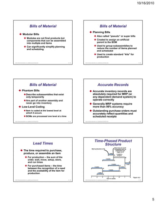 10/16/2010




                                    Bills of Material                                                               Bills of Material
                                                                                                    Planning Bills
                  Modular Bills
                                                                                                             Also called “pseudo” or super bills
                             Modules are not final products but
                             components that can be assembled                                                Created to assign an artificial
                             into
                             i t multiple end items
                                   lti l    d it                                                             parent to the BOM
                             Can significantly simplify planning                                             Used to group subassemblies to
                             and scheduling                                                                  reduce the number of items planned
                                                                                                             and scheduled
                                                                                                             Used to create standard “kits” for
                                                                                                             production

© 2011 Pearson Education, Inc. publishing as Prentice Hall            14 - 25   © 2011 Pearson Education, Inc. publishing as Prentice Hall                                                               14 - 26




                                    Bills of Material                                                            Accurate Records
                 Phantom Bills                                                                      Accurate inventory records are
                           Describe subassemblies that exist                                        absolutely required for MRP (or
                           only temporarily                                                         any dependent demand system) to
                           Are part of another assembly and                                         operate correctly
                                                                                                     p              y
                           never go into inventory                                                  Generally MRP systems require
                 Low-Level Coding                                                                   more than 99% accuracy
                           Item is coded at the lowest level at                                     Outstanding purchase orders must
                           which it occurs                                                          accurately reflect quantities and
                           BOMs are processed one level at a time                                   scheduled receipts
© 2011 Pearson Education, Inc. publishing as Prentice Hall            14 - 27   © 2011 Pearson Education, Inc. publishing as Prentice Hall                                                               14 - 28




                                                                                                       Time-
                                                                                                       Time-Phased Product
                                            Lead Times                                                       Structure
                                                                                                                                                           Must have D and E
                                                                                                   Start production of D                                   completed here so
                     The time required to purchase,                                                                                                         production can
                                                                                                                                                              begin on B
                     produce, or assemble an item                                                                                            1 week
                                                                                                                                                               2 weeks to
                                                                                                                                                           D    produce
                               For production – the sum of the                                                                                                                      B
                                                                                                                                    2 weeks
                               order, wait, move, setup, store,
                               order wait move setup store                                                                                                 E
                               and run times                                                                                                                                             A
                                                                                                                                                 2 weeks                            1 week
                               For purchased items – the time                                          2 weeks
                                                                                                                                                                       E
                                                                                                                                                                       1 week
                               between the recognition of a need                                                               G                                                    C
                                                                                                                                             3 weeks
                               and the availability of the item for                                                                                                    F
                                                                                                                 1 week
                               production                                                                                      D
                                                                                               |             |             |             |             |           |            |            |
                                                                                              1             2             3            4       5                  6             7            8   Figure 14.4
                                                                                                                                     Time in weeks
© 2011 Pearson Education, Inc. publishing as Prentice Hall            14 - 29   © 2011 Pearson Education, Inc. publishing as Prentice Hall                                                               14 - 30




                                                                                                                                                                                                                   5
 