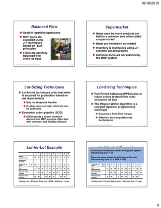 10/16/2010




                                      Balanced Flow                                                                                                      Supermarket
                  Used in repetitive operations                                                                                   Items used by many products are
                  MRP plans are                                                                                                   held in a common area often called
                  executed using                                                                                                  a supermarket
                  JIT techniques                                                                                                  Items are withdrawn as needed
                  based on “pull”
                  principles                                                                                                      Inventory is maintained using JIT
                                                                                                                                  systems and procedures
                  Flows are carefully
                  balanced with                                                                                                   Common items are not planned by
                  small lot sizes                                                                                                 the MRP system

© 2011 Pearson Education, Inc. publishing as Prentice Hall                                           14 - 49   © 2011 Pearson Education, Inc. publishing as Prentice Hall                                           14 - 50




                     Lot-
                     Lot-Sizing Techniques                                                                                          Lot-
                                                                                                                                    Lot-Sizing Techniques
               Lot-for-lot techniques order just what
                                                                                                                              Part Period Balancing (PPB) looks at
               is required for production based on
                                                                                                                              future orders to determine most
               net requirements
                                                                                                                              economic lot size
                          May not always be feasible
                                                                                                                              The Wagner-Whitin algorithm is a
                          If setup costs are high, lot-for-lot can                                                            complex dynamic programming
                          be expensive
                                                                                                                              technique
               Economic order quantity (EOQ)                                                                                            Assumes a finite time horizon
                          EOQ expects a known constant                                                                                  Effective, but computationally
                          demand and MRP systems often deal                                                                             burdensome
                          with unknown and variable demand
© 2011 Pearson Education, Inc. publishing as Prentice Hall                                           14 - 51   © 2011 Pearson Education, Inc. publishing as Prentice Hall                                           14 - 52




                          Lot-for-
                          Lot-for-Lot Example                                                                                            Lot-for-
                                                                                                                                         Lot-for-Lot Example
                                                                                                                     No on-hand inventory is carried through the system
                                              1        2     3    4    5    6    7    8    9    10
                                                                                                                     Total holding cost = $0 3 4 5 6 7 8 9 10
                                                                                                                                      1   2
       Gross                                                                                                          Gross
       requirements
                                             35       30     40   0    10   40   30   0    30   55                   There are seven 35 30 for this 10 40 this plan
                                                                                                                      requirements    setups 40 0 item in 30 0 30                                              55

       Scheduled                                                                                                     Total ordering cost = 7 x $100 = $700
                                                                                                                      Scheduled
       receipts                                                                                                       receipts
       Projected on                                                                                                   Projected on
                                     35      35        0     0    0    0    0    0    0    0    0                                                   35      35        0     0    0    0    0    0    0    0    0
       hand                                                                                                           hand
       Net                                                                                                            Net
                                              0       30     40   0    10   40   30   0    30   55                                                           0       30     40   0    10   40   30   0    30   55
       requirements                                                                                                   requirements
       Planned order                                                                                                  Planned order
                                                      30     40        10   40   30        30   55                                                                   30     40        10   40   30        30   55
       receipts                                                                                                       receipts
       Planned order                                                                                                  Planned order
                                             30       40          10   40   30        30   55                                                               30       40          10   40   30        30   55
       releases                                                                                                       releases


       Holding cost = $1/week; Setup cost = $100; Lead time = 1 week                                                  Holding cost = $1/week; Setup cost = $100; Lead time = 1 week

© 2011 Pearson Education, Inc. publishing as Prentice Hall                                           14 - 53   © 2011 Pearson Education, Inc. publishing as Prentice Hall                                           14 - 54




                                                                                                                                                                                                                              9
 