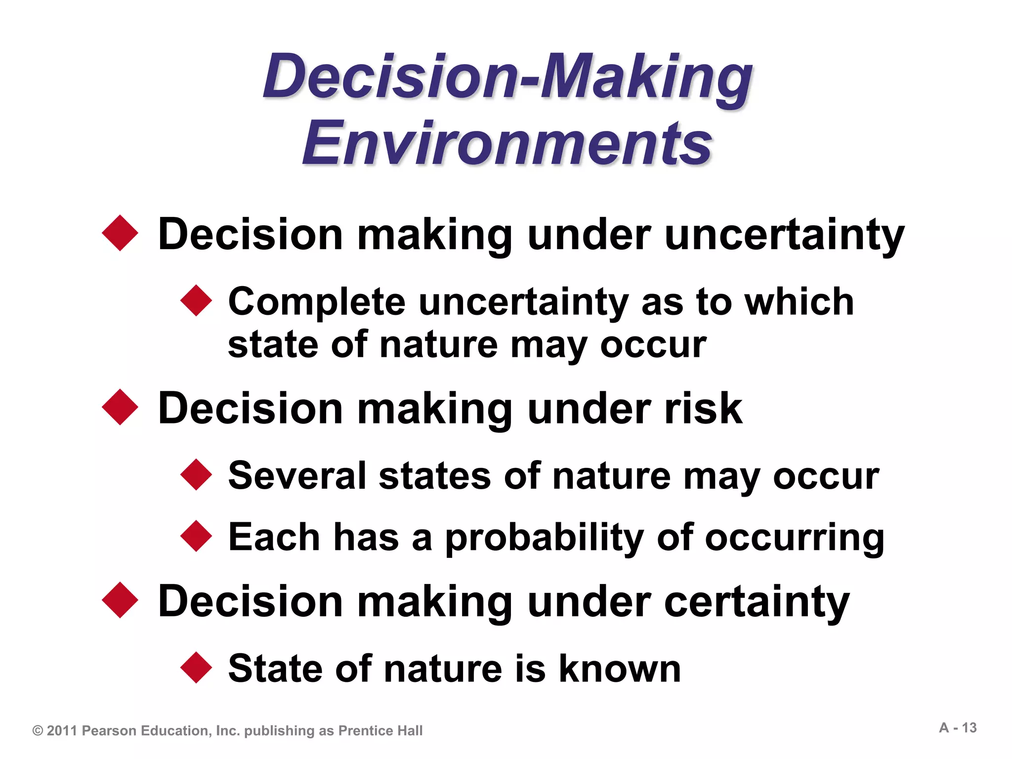 A - 13© 2011 Pearson Education, Inc. publishing as Prentice Hall
Decision-Making
Environments
 Decision making under uncertainty
 Complete uncertainty as to which
state of nature may occur
 Decision making under risk
 Several states of nature may occur
 Each has a probability of occurring
 Decision making under certainty
 State of nature is known
 