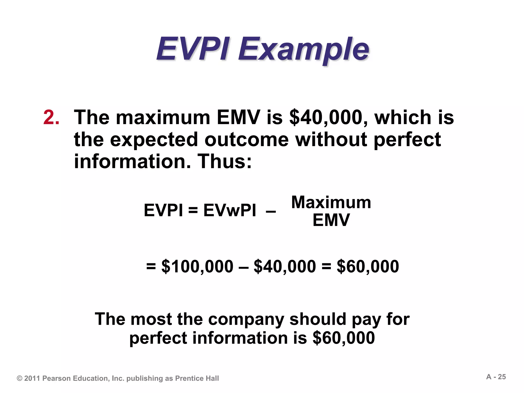 A - 25© 2011 Pearson Education, Inc. publishing as Prentice Hall
EVPI Example
2. The maximum EMV is $40,000, which is
the expected outcome without perfect
information. Thus:
= $100,000 – $40,000 = $60,000
EVPI = EVwPI – Maximum
EMV
The most the company should pay for
perfect information is $60,000
 