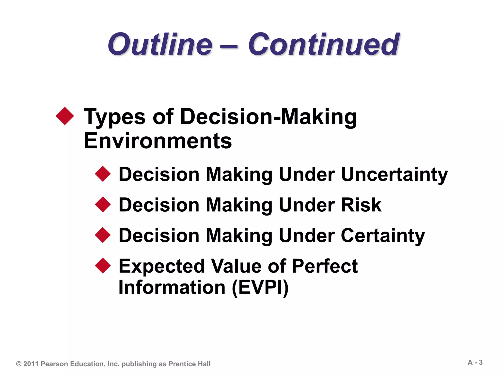 A - 3© 2011 Pearson Education, Inc. publishing as Prentice Hall
Outline – Continued
 Types of Decision-Making
Environments
 Decision Making Under Uncertainty
 Decision Making Under Risk
 Decision Making Under Certainty
 Expected Value of Perfect
Information (EVPI)
 