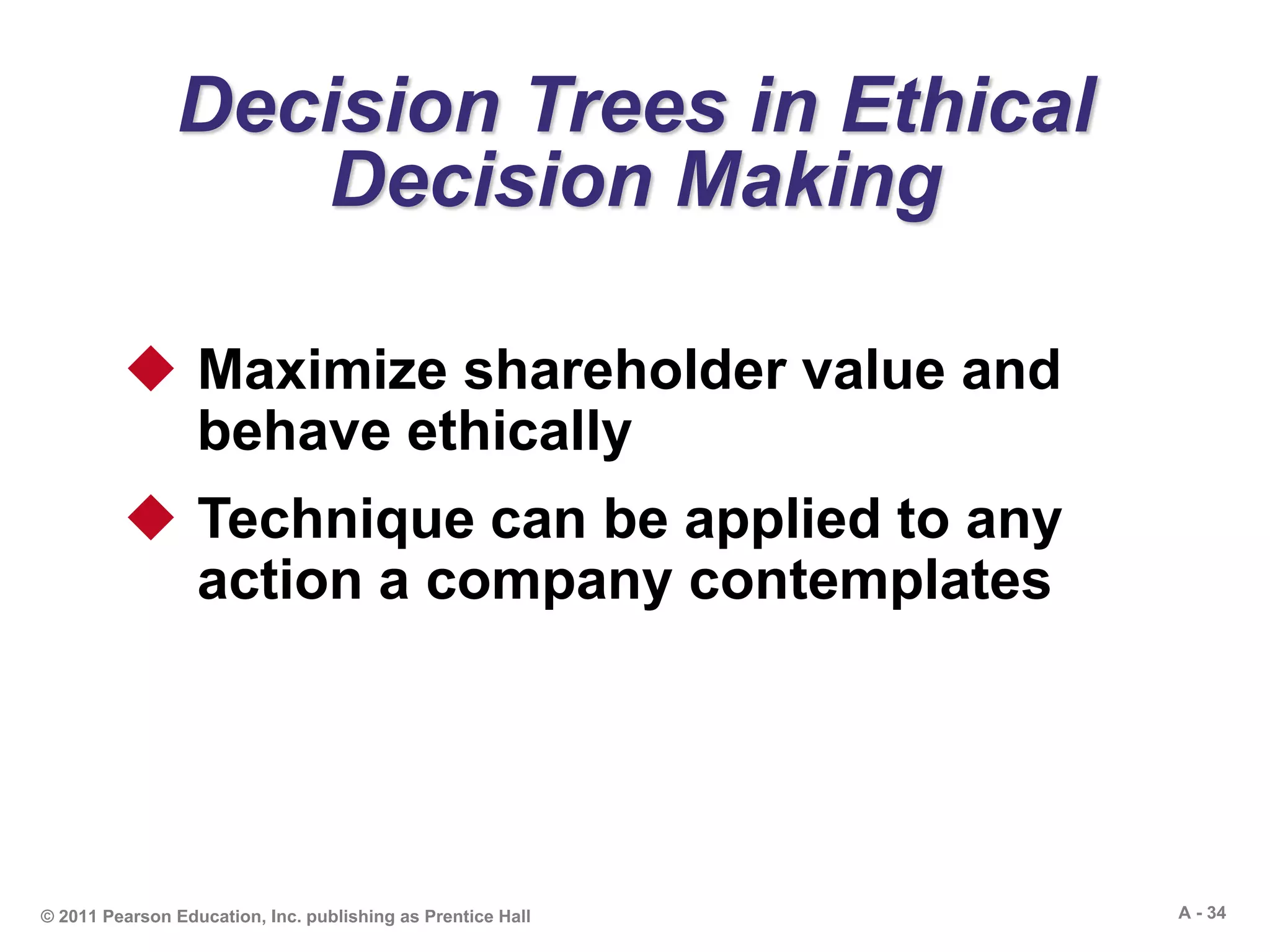 A - 34© 2011 Pearson Education, Inc. publishing as Prentice Hall
Decision Trees in Ethical
Decision Making
 Maximize shareholder value and
behave ethically
 Technique can be applied to any
action a company contemplates
 