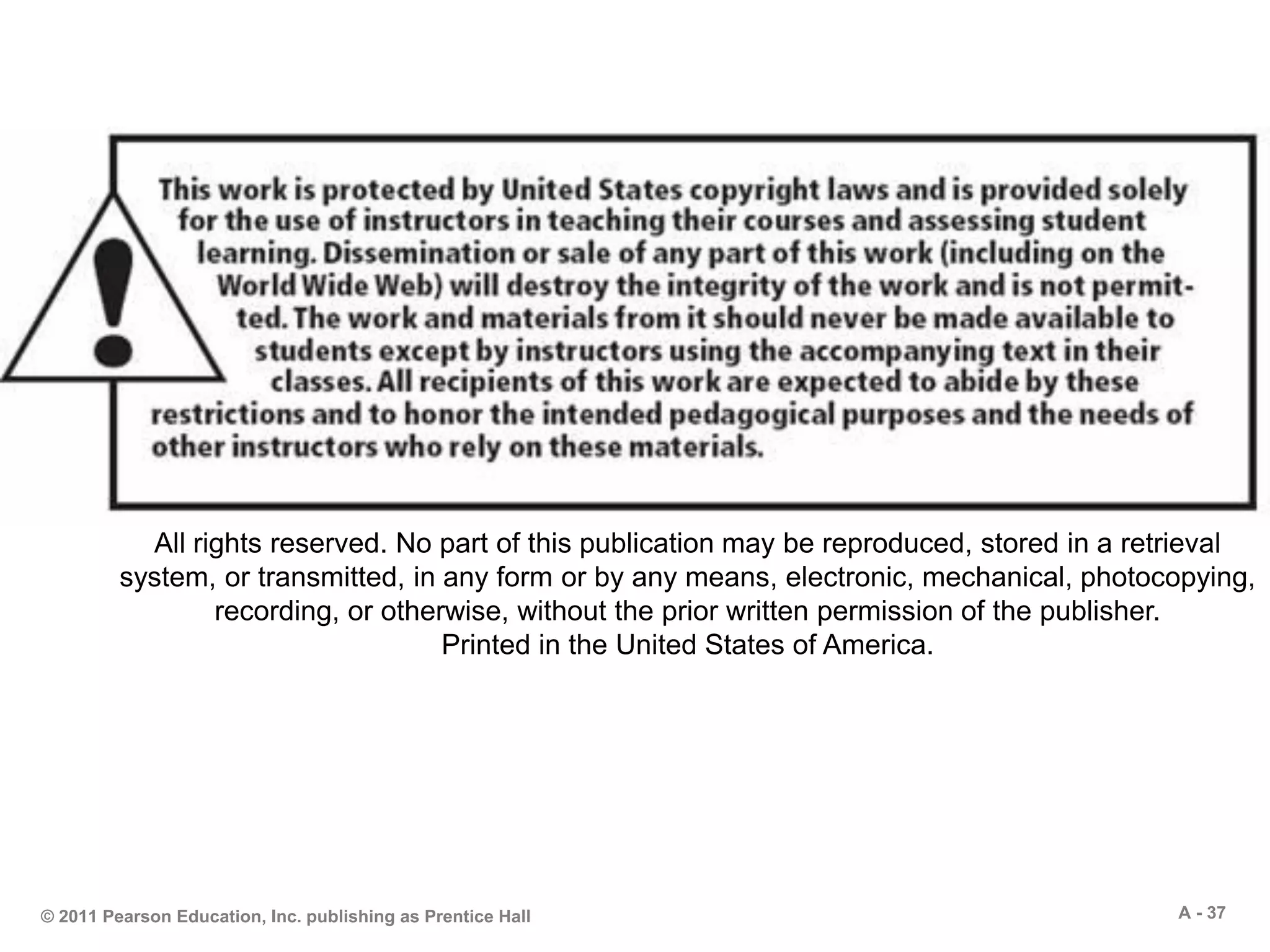 A - 37© 2011 Pearson Education, Inc. publishing as Prentice Hall
All rights reserved. No part of this publication may be reproduced, stored in a retrieval
system, or transmitted, in any form or by any means, electronic, mechanical, photocopying,
recording, or otherwise, without the prior written permission of the publisher.
Printed in the United States of America.
 