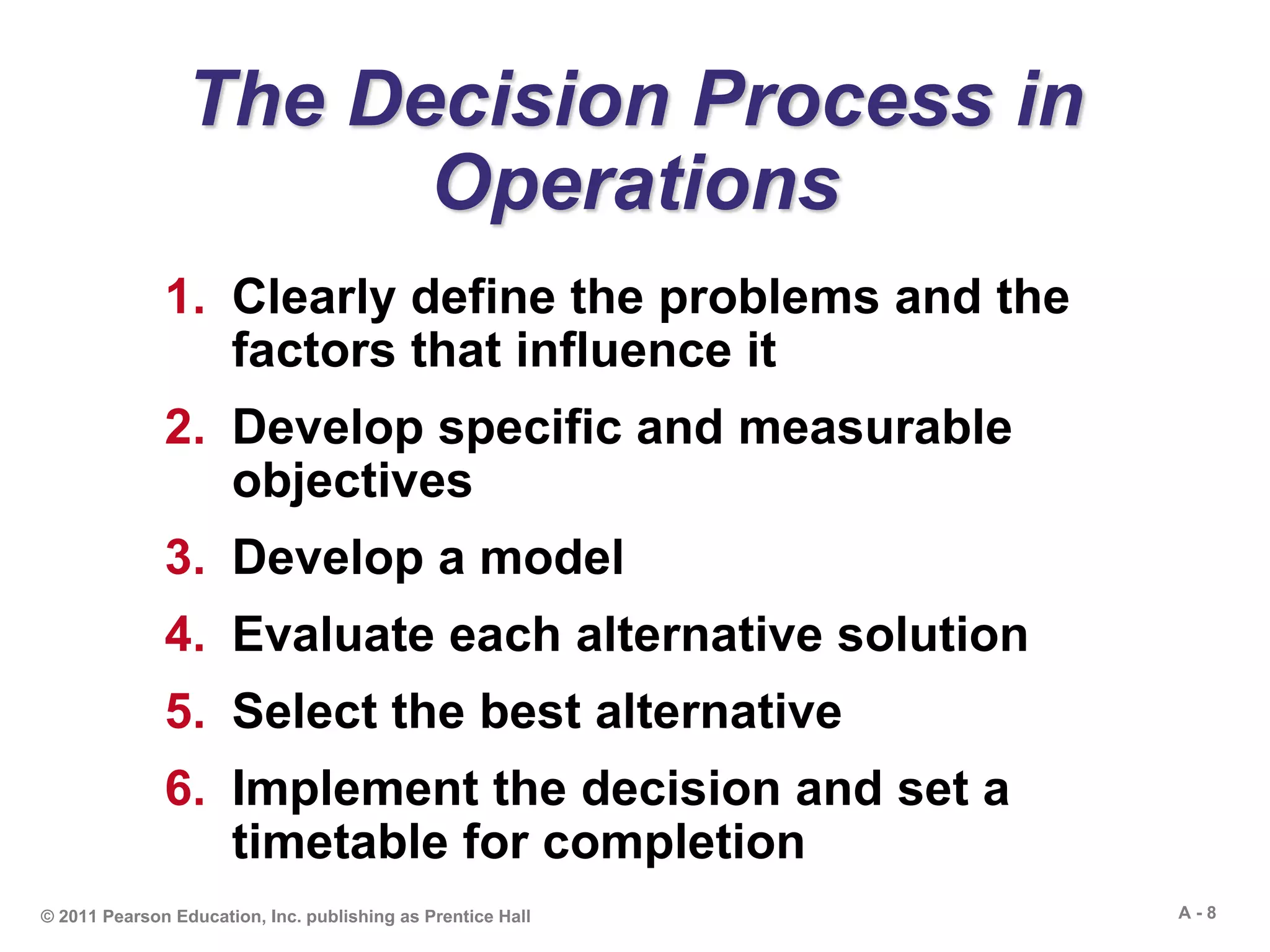 A - 8© 2011 Pearson Education, Inc. publishing as Prentice Hall
The Decision Process in
Operations
1. Clearly define the problems and the
factors that influence it
2. Develop specific and measurable
objectives
3. Develop a model
4. Evaluate each alternative solution
5. Select the best alternative
6. Implement the decision and set a
timetable for completion
 