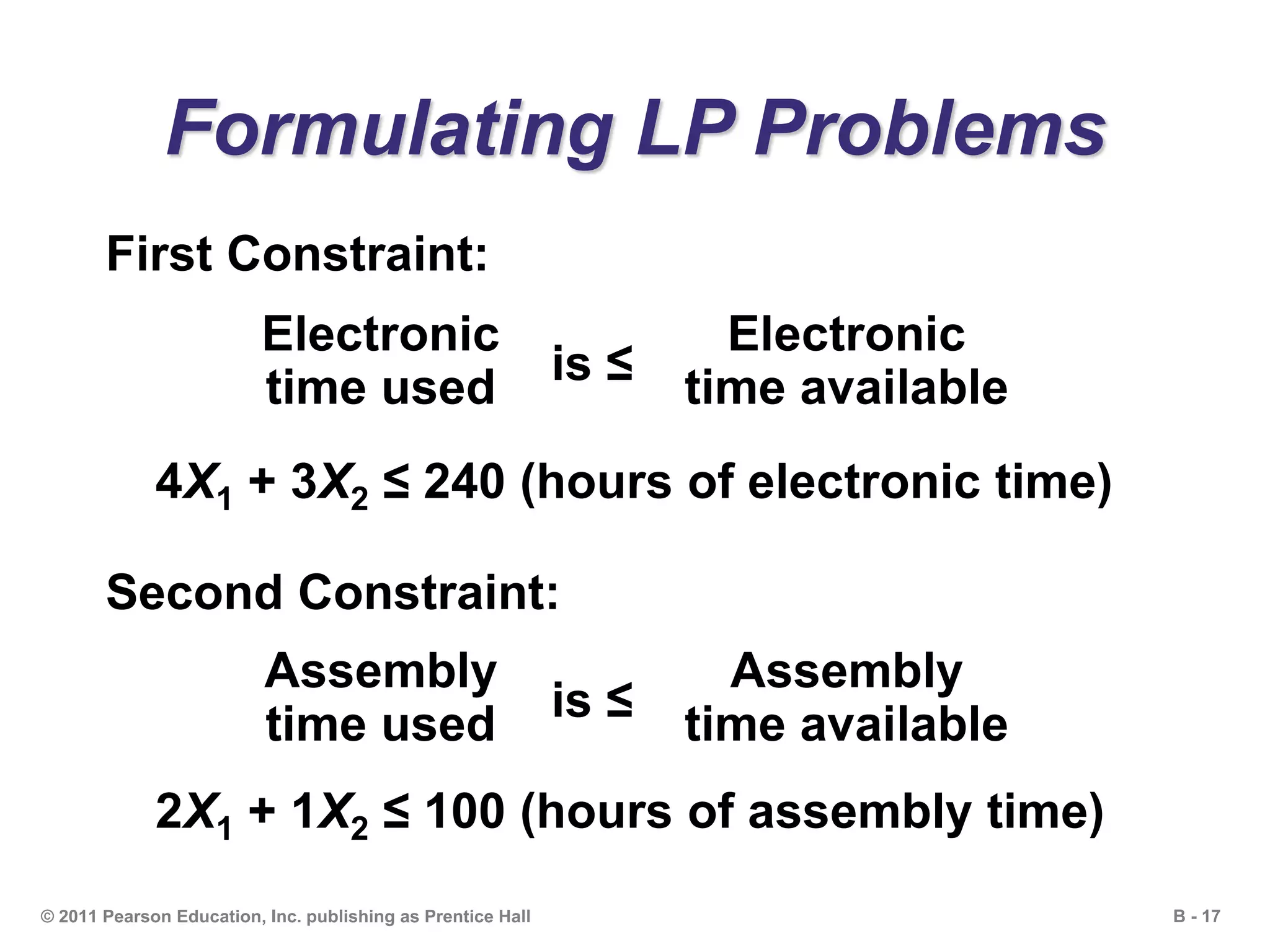 B - 17© 2011 Pearson Education, Inc. publishing as Prentice Hall
Formulating LP Problems
Second Constraint:
2X1 + 1X2 ≤ 100 (hours of assembly time)
Assembly
time available
Assembly
time used is ≤
First Constraint:
4X1 + 3X2 ≤ 240 (hours of electronic time)
Electronic
time available
Electronic
time used is ≤
 